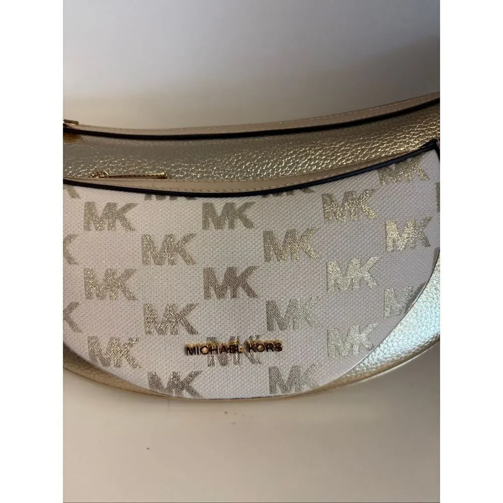 NWT Michael Kors Hollis 2 in 1 Metallic Leather Logo Jaquard Shoulder Bag.